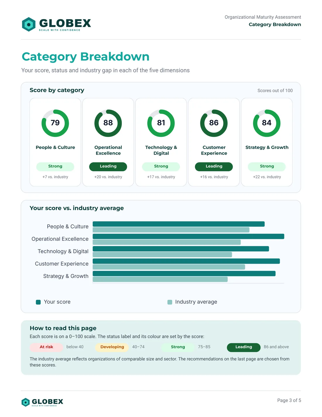 The same page of the Globex Corporation sample report, in Globex's branding with its own scores and statuses.